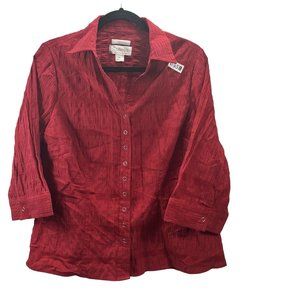 CJ Banks Womens Red Blouse Size X Snap Button Collared 3/4 Sleeve